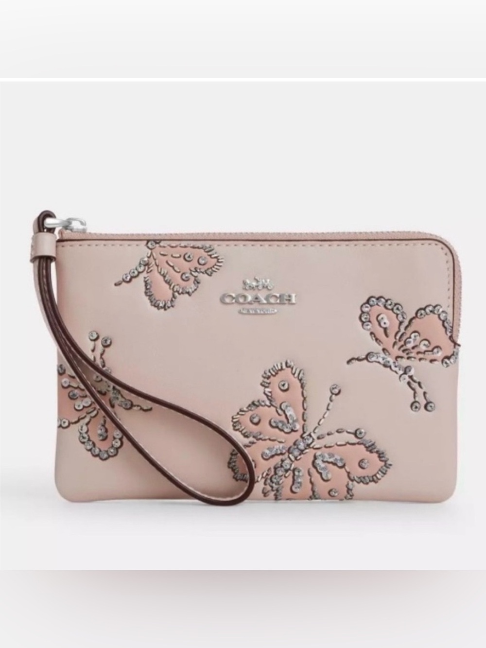COACH Pale Pink Butterfly Wristlet with Silver Accents